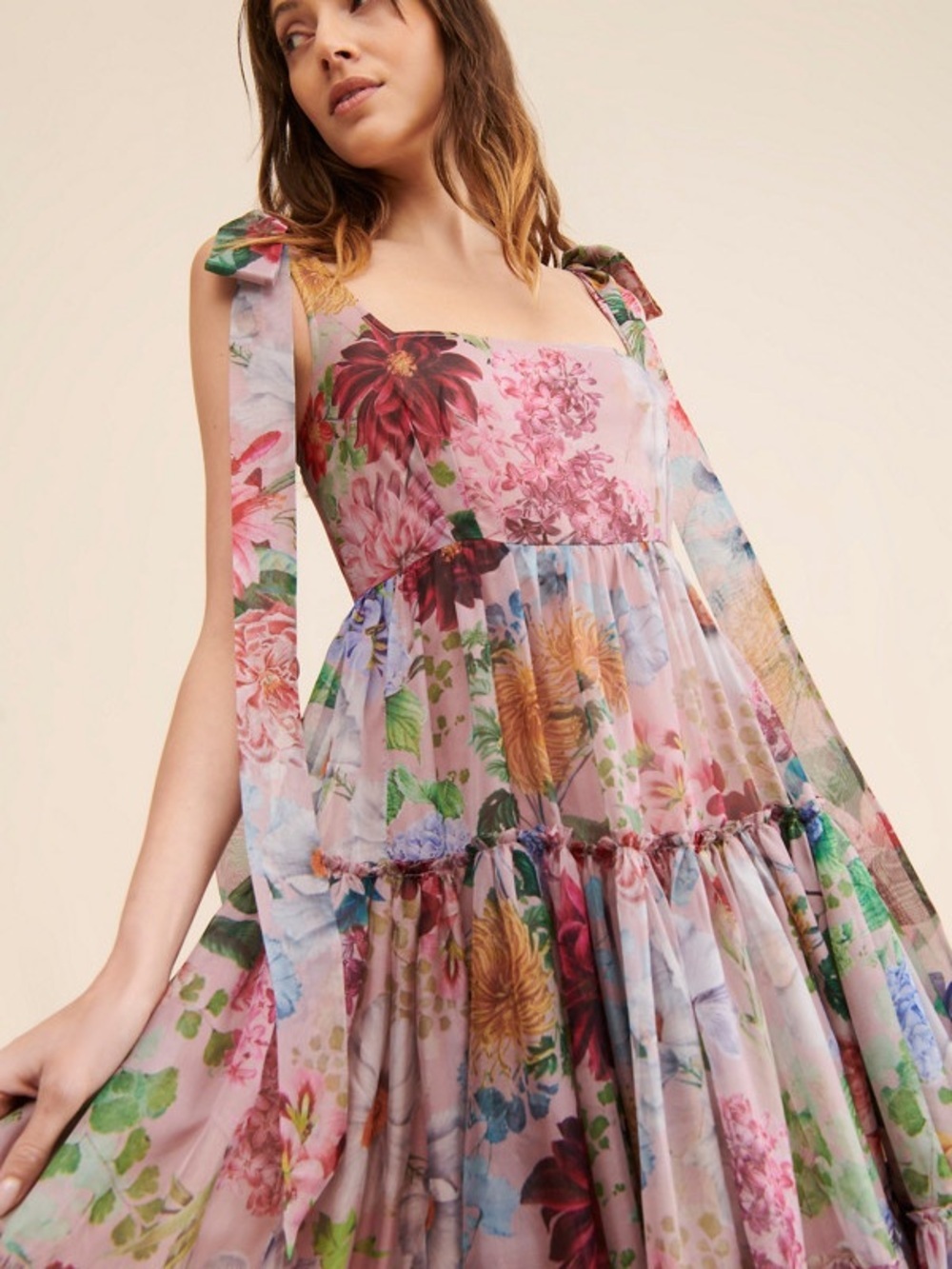 Geisha Designs Isabella Floral Tiered Tie-Shoulder Strap Midi Dress Gown 8